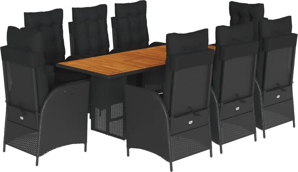 vidaXL 9 részes fekete polyrattan kerti étkezőgarnitúra párnákkal