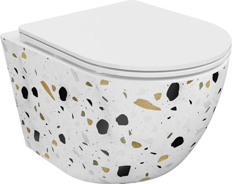 Mexen Lena Rimless WC csésze lassan záródó slim duroplast ülőkével, fehér terrazzo kő - 30224096