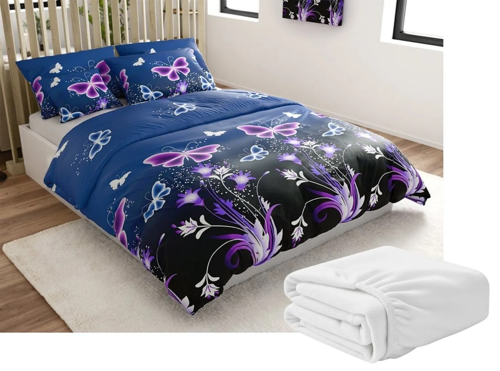 2 db Mikroplüss ágyneműhuzat szett VIOLET BUTTERFLY sötétkék + Mikroplüss lepedő SOFT 180x200 cm fehér, kétszemélyes ágyhoz