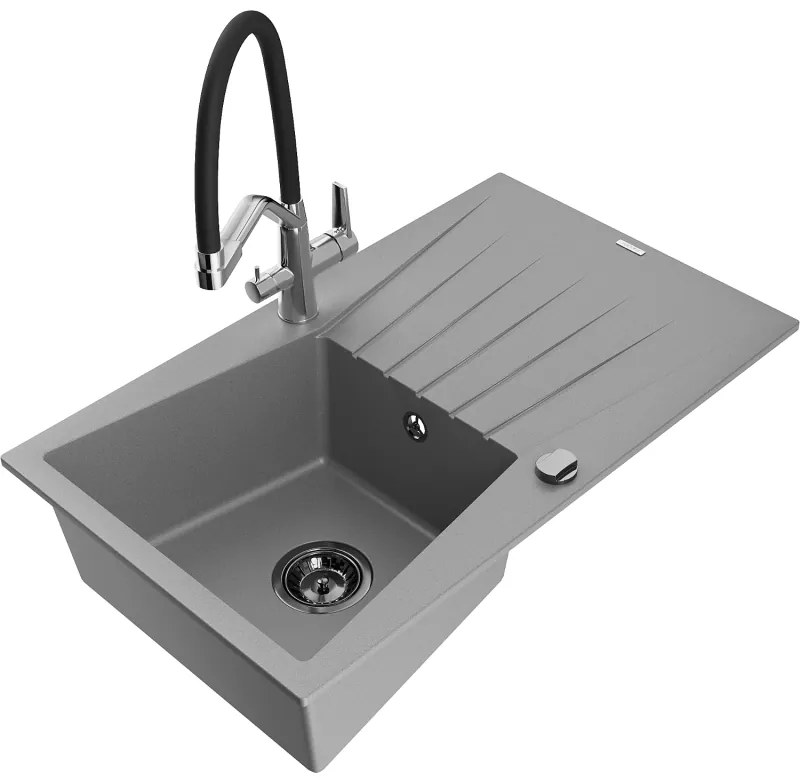 Mexen Cesar egykamrás gránit mosogató csepegtetővel és Duo konyhai csapteleppel, szürke - 6514-71-671701-07-B