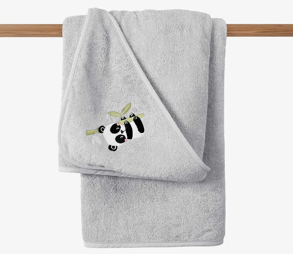 Goldea gyermek frottír fördőlepedő csuklyás - panda világosszürkén 100 x 100 cm
