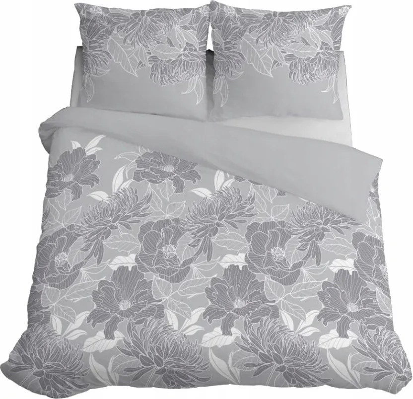 Ágyneműhuzat 160x200 Szatén Mikroszálas Virágok Levelek Szürke Hamu
