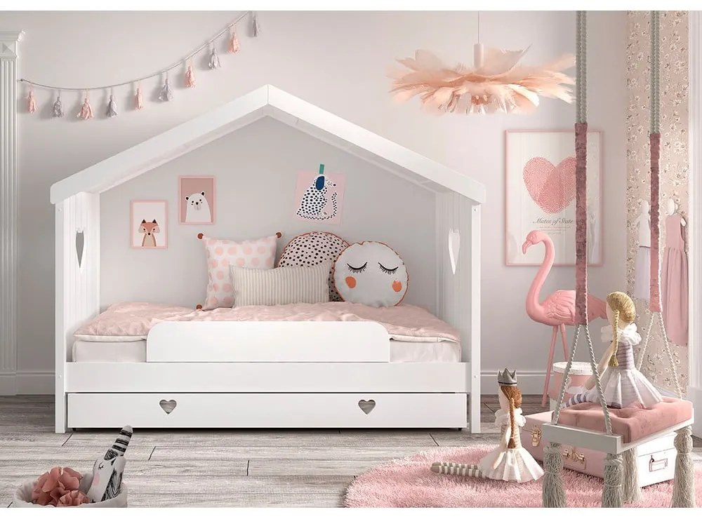 Fehér házikó alakú borovi fenyő gyerekágy kihúzható pótággyal, tárolóhellyel 90x200 cm AMORI – Vipack