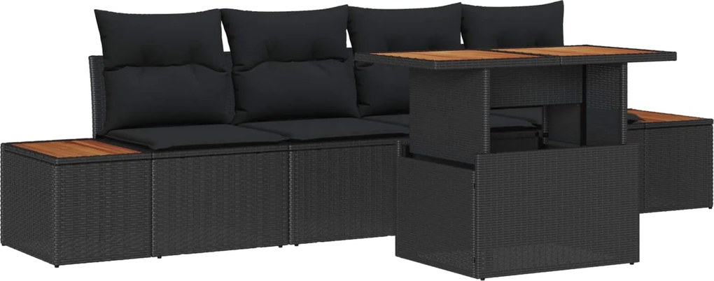 vidaXL Kerti Kanapé Szett tárolóval 5 pcs Fekete Poli rattan