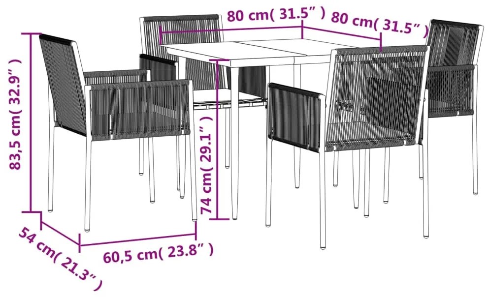 5 részes fekete polyrattan és acél kerti étkezőszett párnákkal