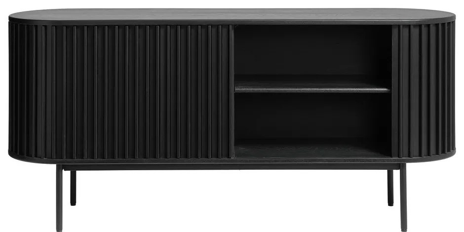 Fekete alacsony komód tolóajtóval, tölgyfa dekorral 73x160 cm Siena – Unique Furniture