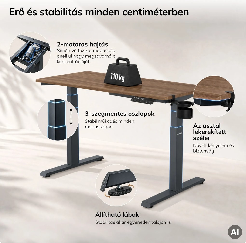 Elektromos íróasztal magasságállítással ergonomikus antracit/dió,1200x600 mm: ARIA
