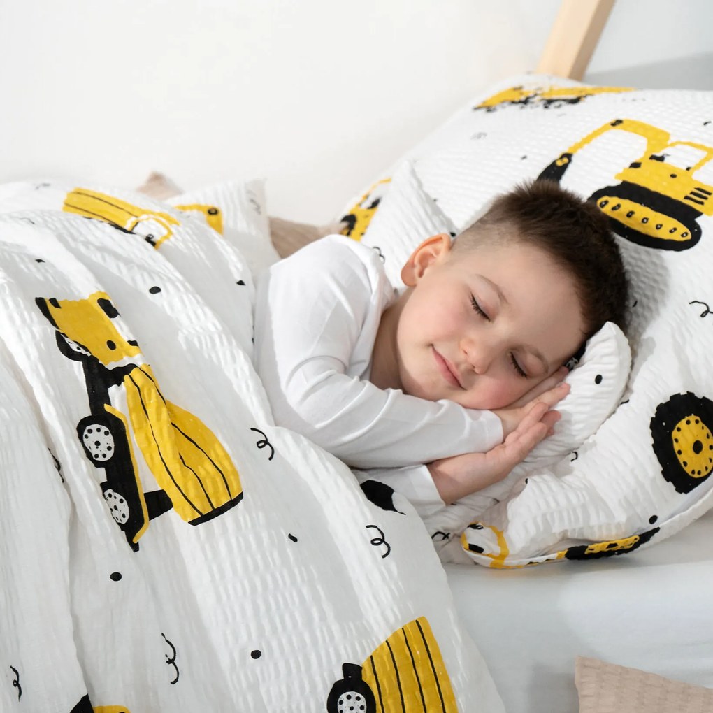 Goldea gyermek krepp ágyneműhuzat - kotrógépek és építkezési eszközök 140 x 200 és 70 x 90 cm