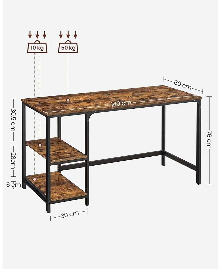 Számítógépesasztal 140x60 cm, Irodai asztal 2 polccal jobb vagy bal oldal, barna- fekete