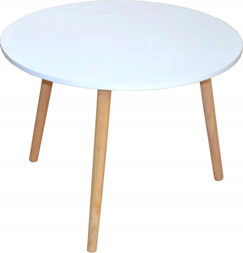 Dohányzóasztal Kerek 60 cm, Fehér Mdf asztallap, Fa lábak