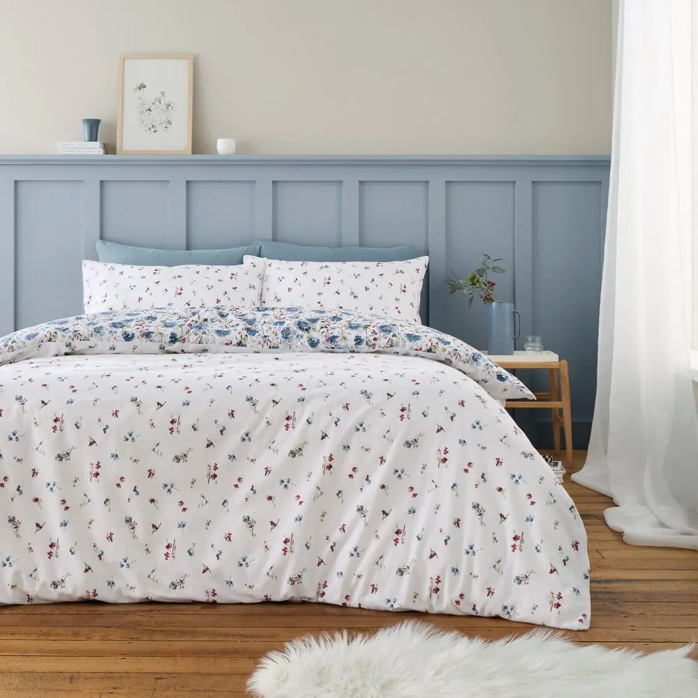 Fehér-kék kétszemélyes flanel ágyneműhuzat 200x200 cm Ophelia Floral – Bianca
