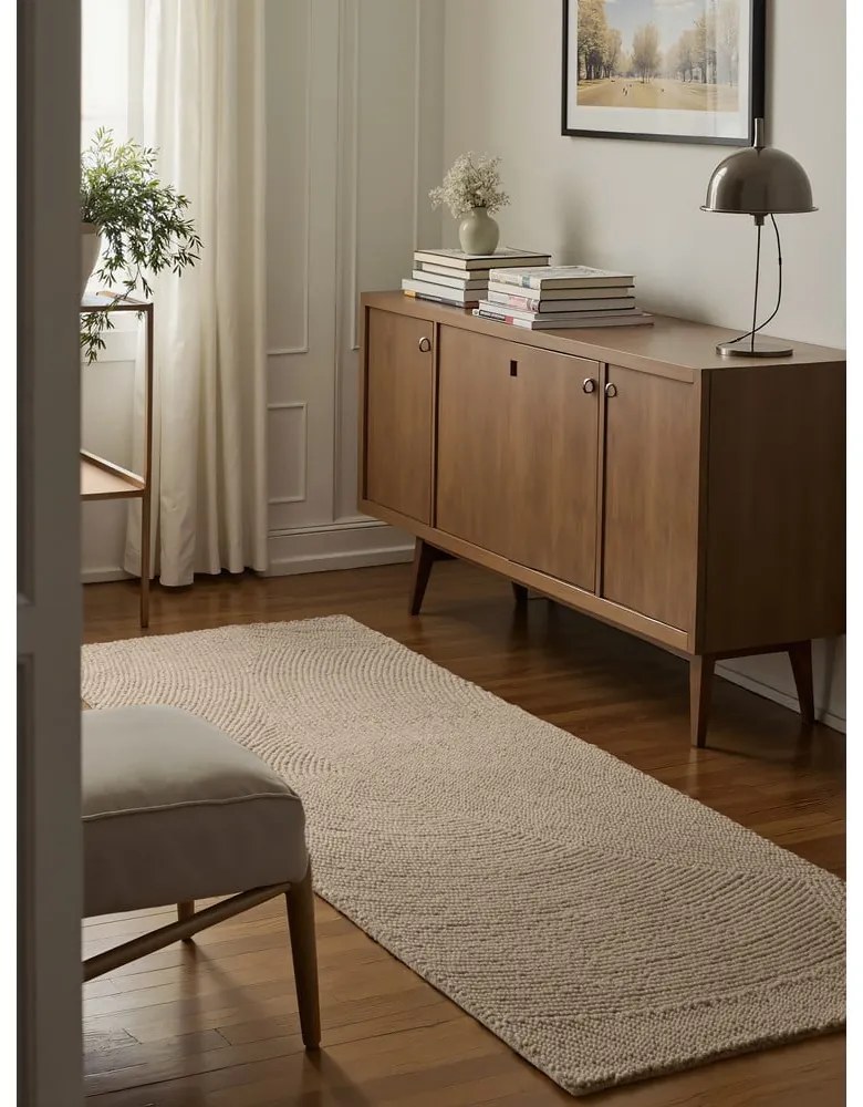 Bézs kézi szövésű gyapjú futószőnyeg 80x300 cm Calmio – Hanse Home