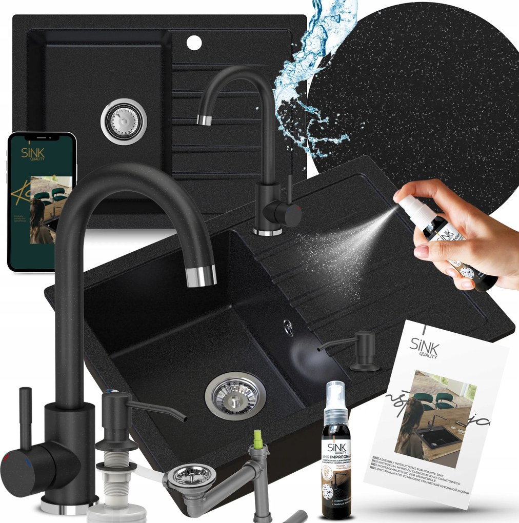 Egymedencés Gránit Mosogató Szett Csepegtetővel Pöttyös Csaptelep