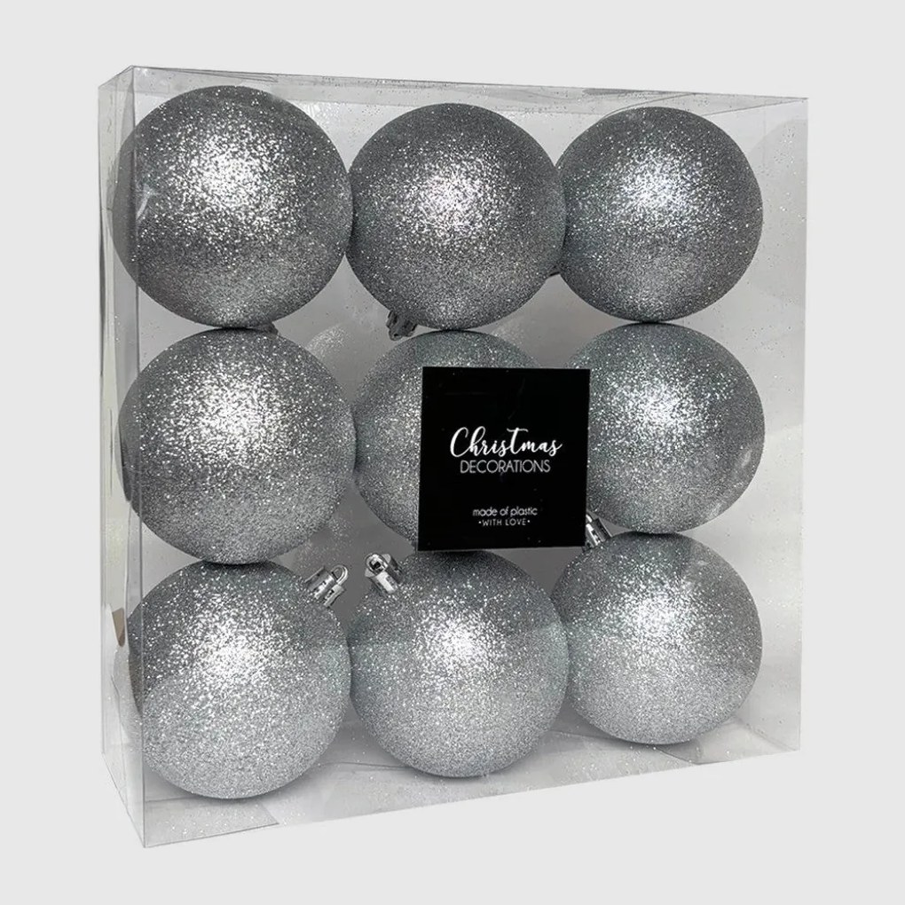 Ezüst glitteres műanyag karácsonyi gömb szett 8 cm 9 db
