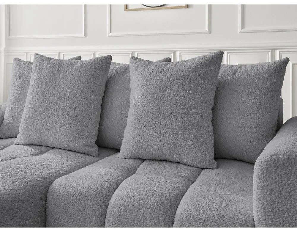 Szürke buklé kinyitható-tárolóhelyes sarokkanapé (bal oldali-heverő résszel) Roxelane – Bobochic Paris