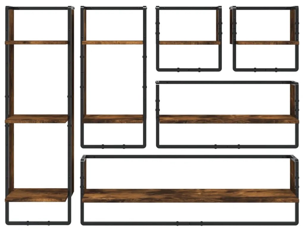 vidaXL 6 részes füstölt tölgy színű szerelt fa fali polc szett rúddal