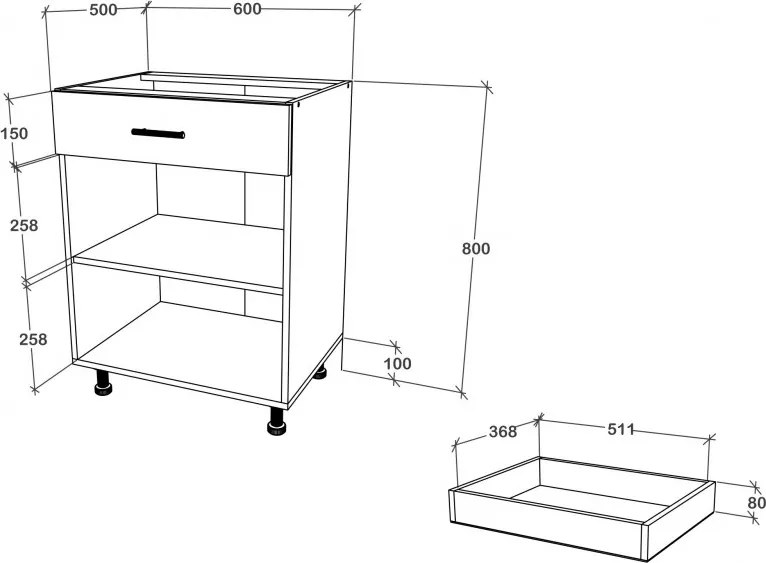 Benita 1 fiókos 2 ajtós Alsó konyhaszekrény Antracit-Fehér 60x50x80 cm