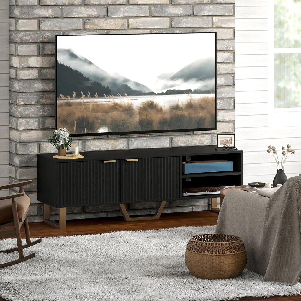 HOMCOM TV Állvány, fa TV szekrény 70 hüvelykes TV-hez, 2 bordázott ajtóval, nyitott rekesszel és kábelkezeléssel, nappaliba és hálószobába, 140 x 39 x