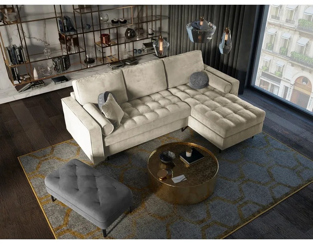 Santo bézs kinyitható bársony sarokkanapé, jobb oldali - Milo Casa