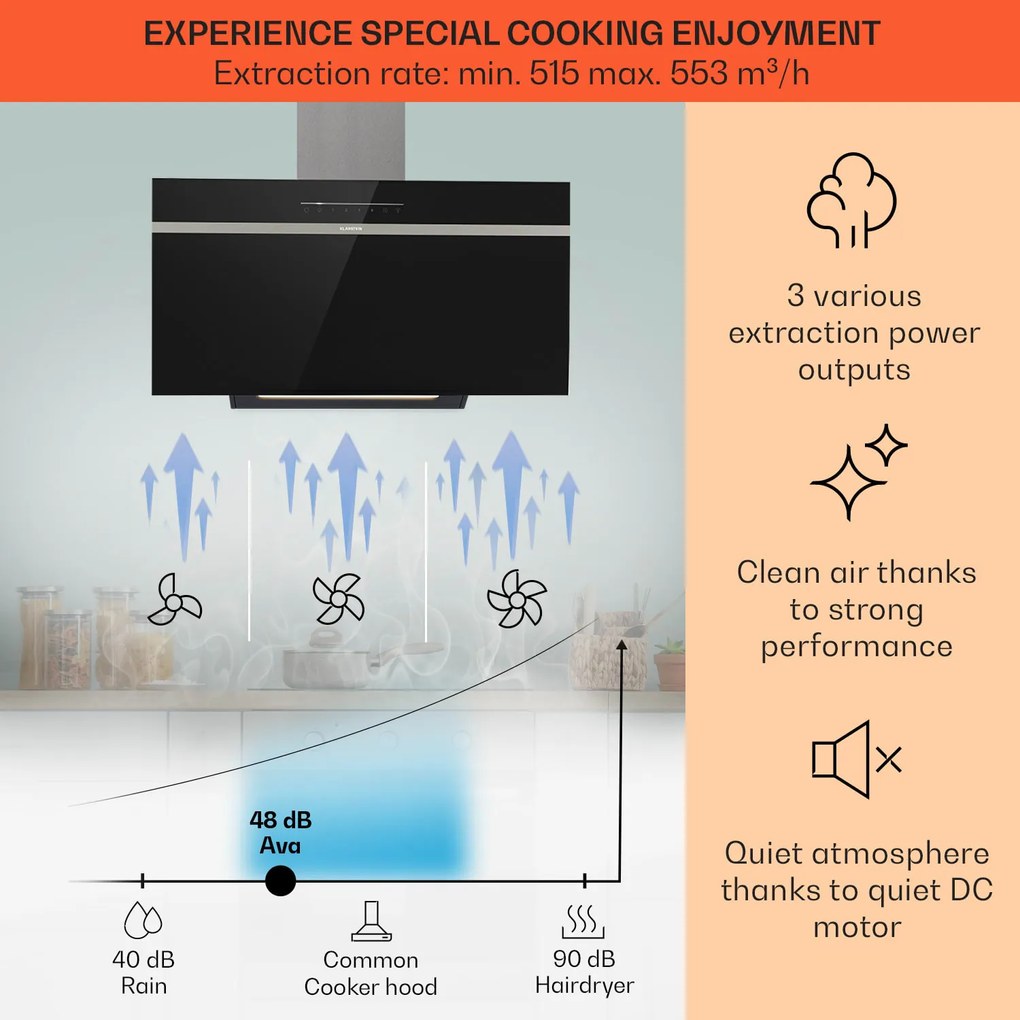 Klarstein Ava 90, Smart, páraelszívó, 90 cm, falra szerelhető, WiFi, A++, 515m³/h, érintőképernyő