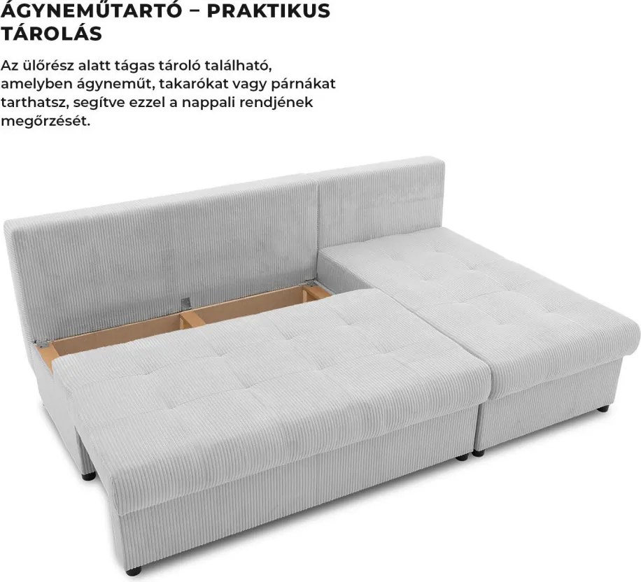 Venezia sarokkanapé, 3 ágyneműtartóval, kordbársony, univerzális oldal, hab töltet, szürke
