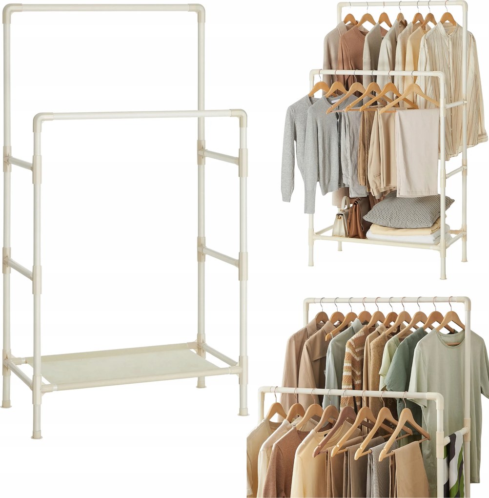 Ruhaakasztó Cipőtartó állvány Dupla 2 Rúd Stabil Ekrü