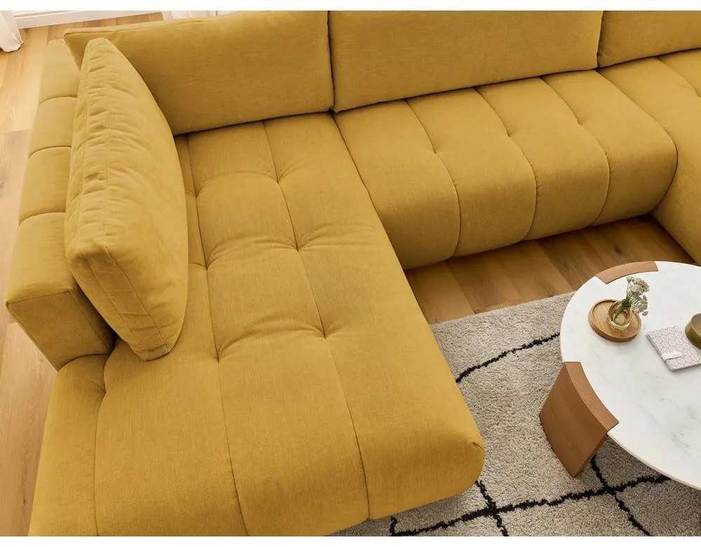 Mustársárga kinyitható-tárolóhelyes sarokkanapé (bal oldali-U alakú) Fuji – Bobochic Paris