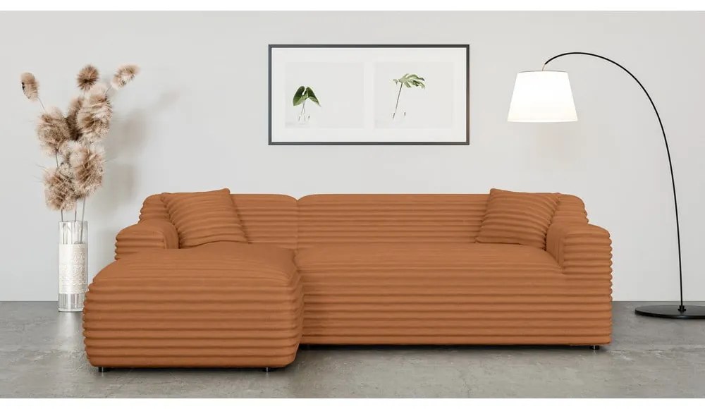 Terrakotta színű kordbársony sarokkanapé (bal oldali-heverő résszel) Martin – Ropez