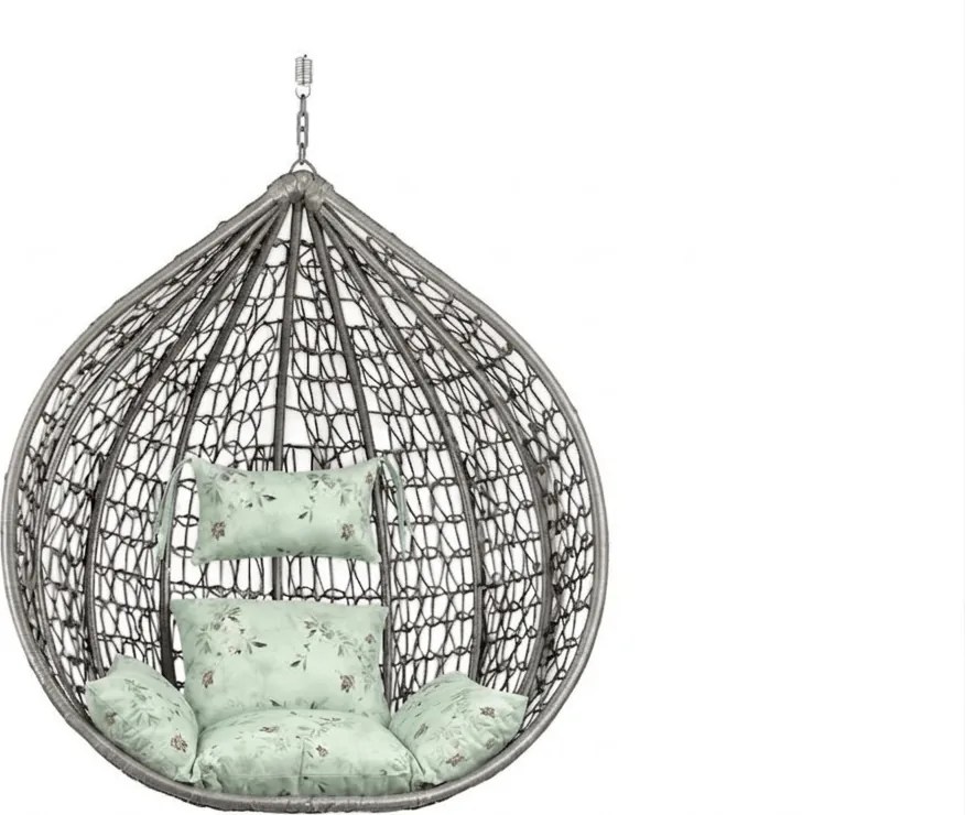 Szürke függőszék KOKON állvány nélkül, mintás világoszöld párnával