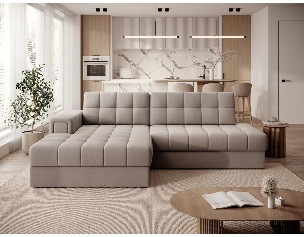 Bézs bársony kinyitható sarokkanapé (bal oldali-heverő résszel) Blezalt – ELTAP