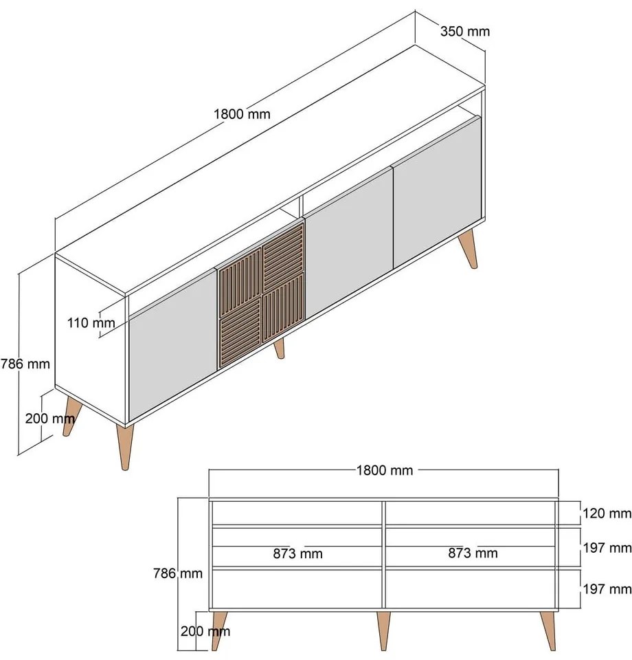 Krémszínű-natúr színű alacsony komód diófa dekorral 180x79 cm Milan – Kalune Design