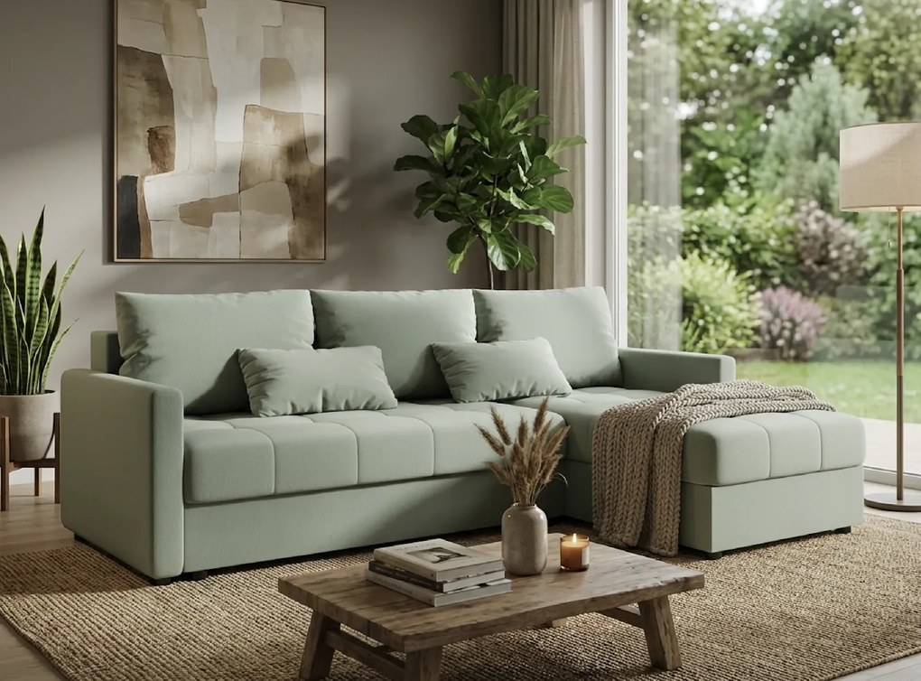 Kihúzható, kétoldalas L-alakú kanapé VENORIA 220x143 cm, világoszöld + 2 párna AJÁNDÉKBA