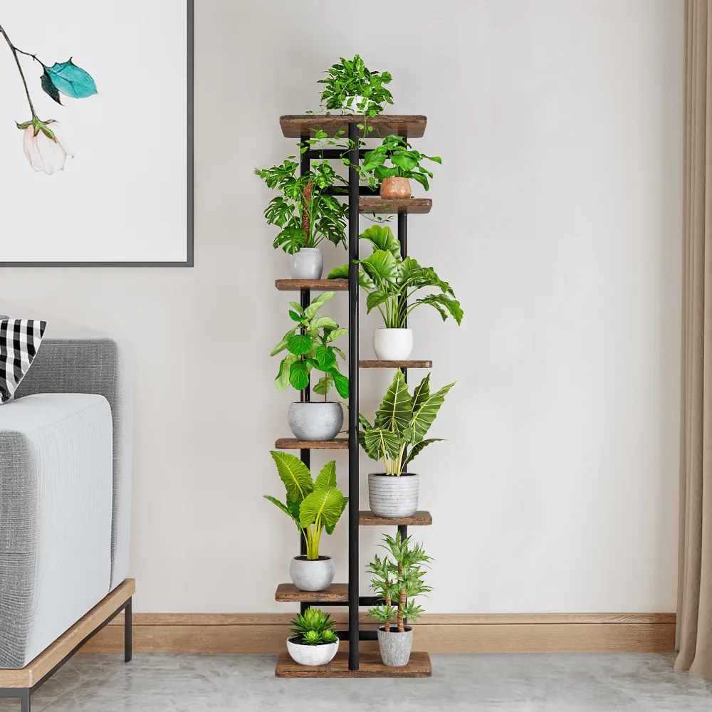 LEDOR TYP 4 8 polcos virágállvány, fémvázzal, 36 x 23 x 136 cm, rusztikus fa/fekete