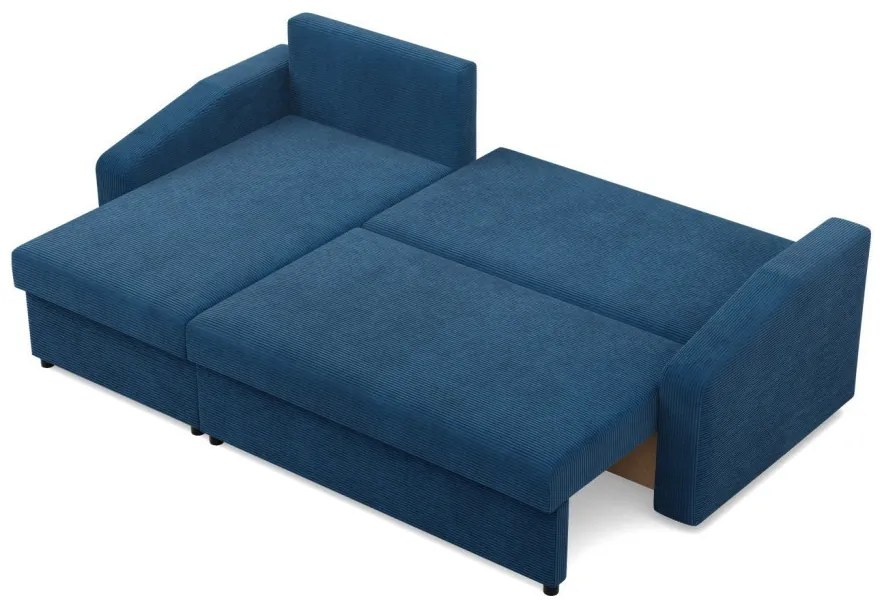 Zeus sarokkanapé, 1 ágyneműtartóval, döntött kartámasz, kordbársony, univerzális oldal, bonell töltet, kék