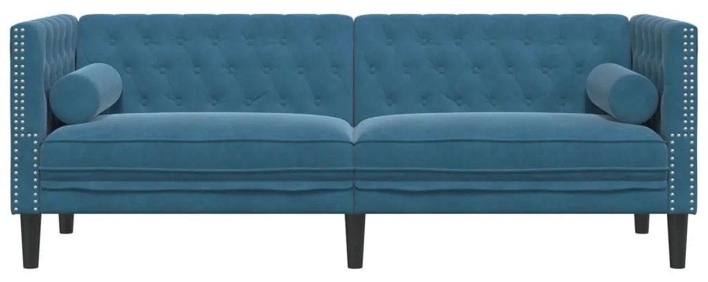 3 személyes kék bársony Chesterfield kanapé hengerpárnákkal