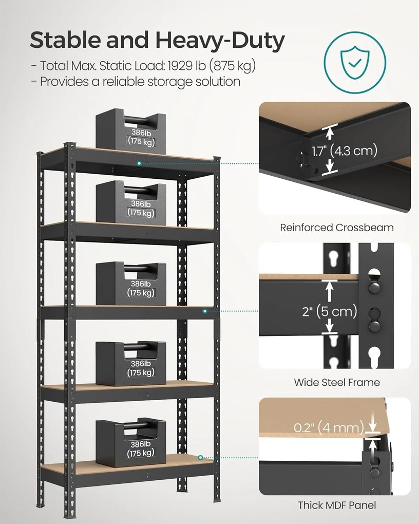SONGMICS 5 szintes polcrendszer készlet 2 db-os,  30×75×150 cm, fekete