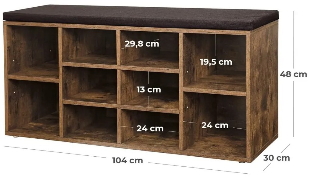 Cipősszekrény paddal TAYLOR 104x30x48 cm, rusztikus barna