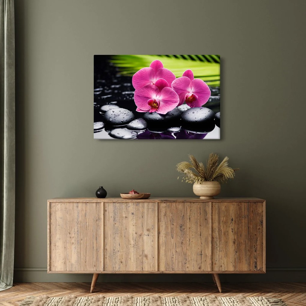 Kép - Rózsaszín orchidea pálmalevéllel (90x60 cm)