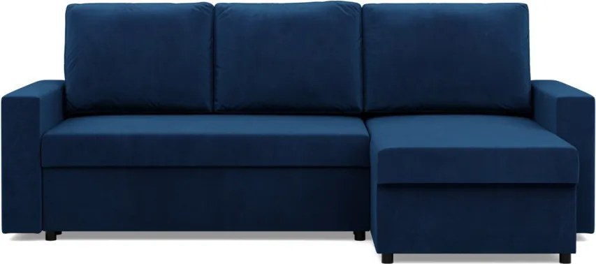 Zeus sarokkanapé, 2 ágyneműtartóval, egyenes kartámasz, bársony, univerzális oldal, bonell töltet, kék