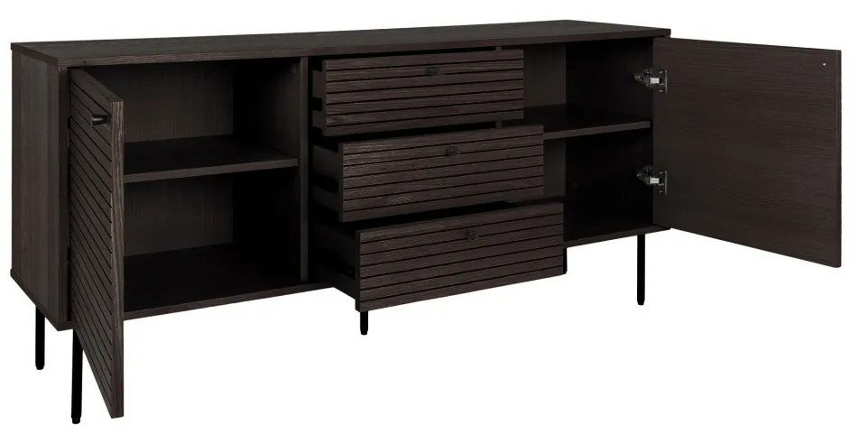 Kyoto komód 3 fiókkal, 2 ajtóval, tölgyfa furnér, füstölt, fekete fém lábakkal, 150x40x74 cm