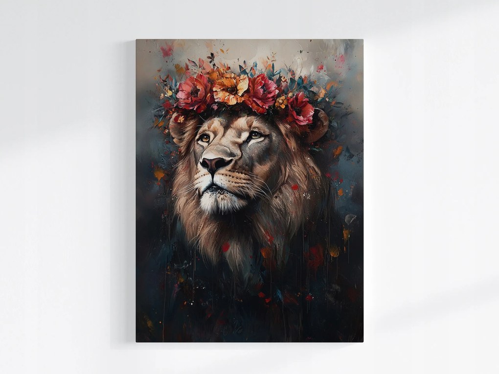 Poszter Portré Állat Oroszlán Király Koszorú Virágok Boho 60x80