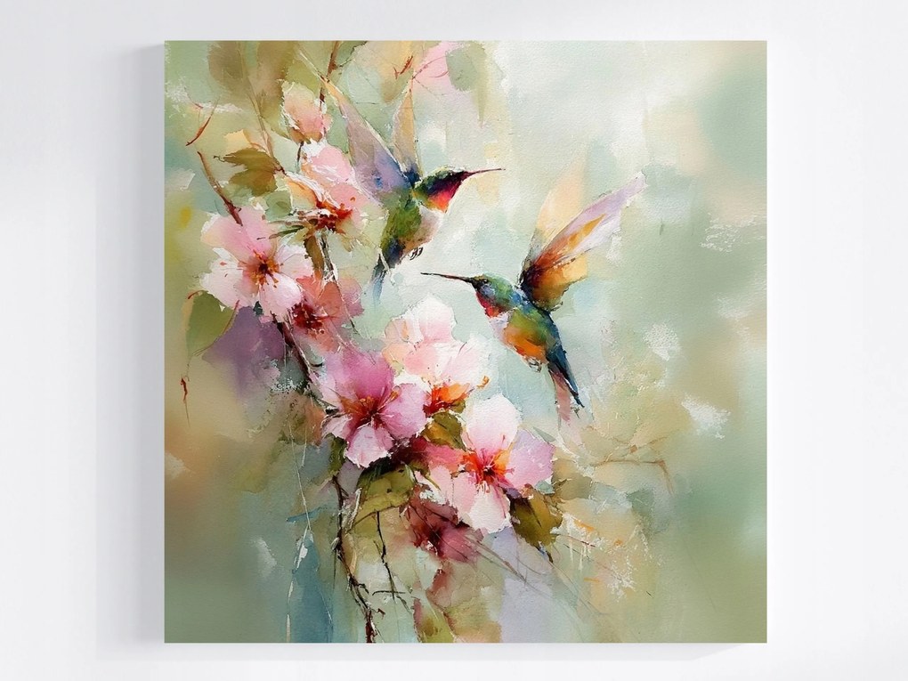 Vászonkép Canvas Akvarell Természet Virágok Madár Kolibri Boho 40x40
