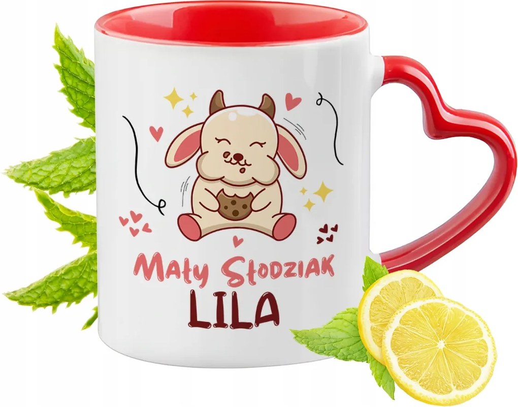 Piros bögre szív alakú füllel Liliomnak Ajándék