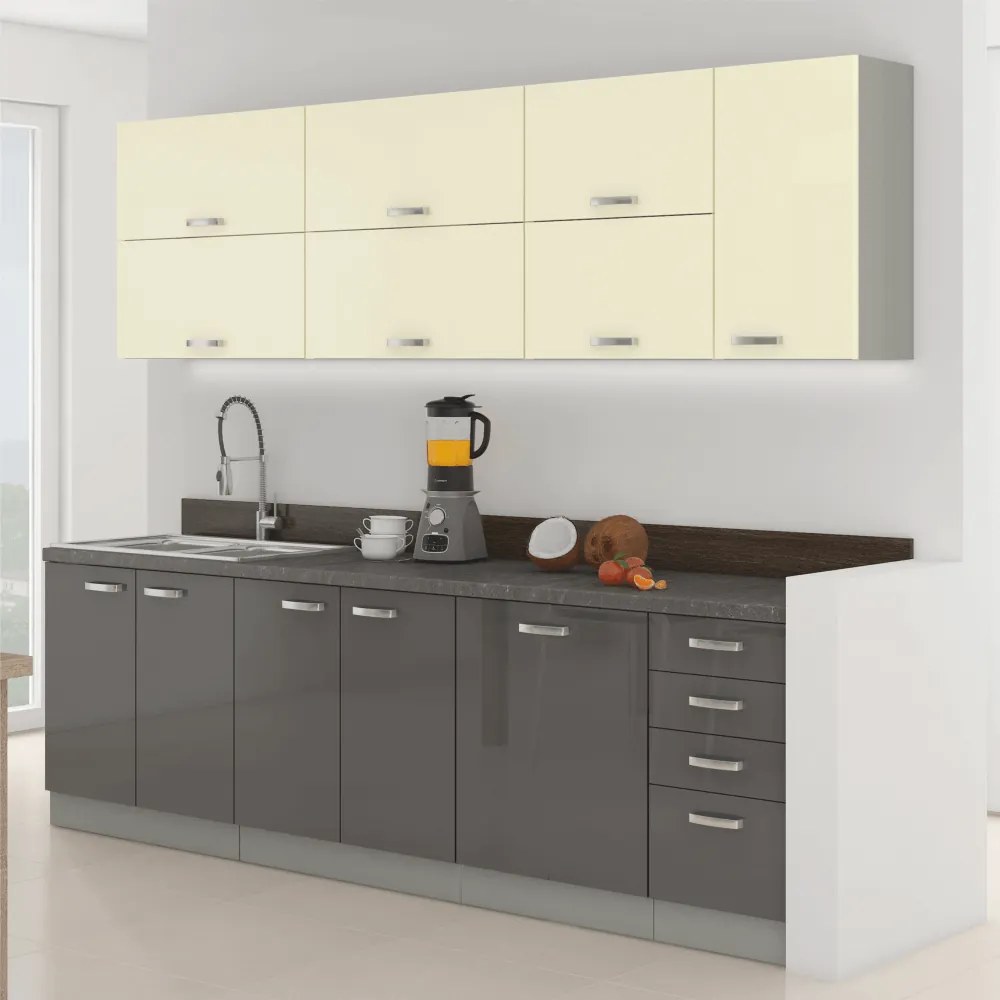 konyhabútor, szürke/bézs, extra magas fényű, PRADO