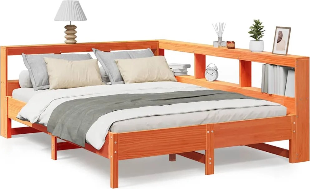 vidaXL barna tömör fenyőfa könyvespolcos ágy matrac nélkül 135 x 190cm