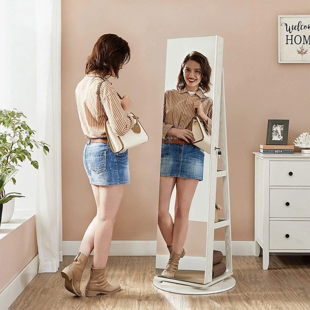 Szabadon álló tükrös ékszerszekrény, zárható, 6 led lámpával, 360°-ban elforgatható