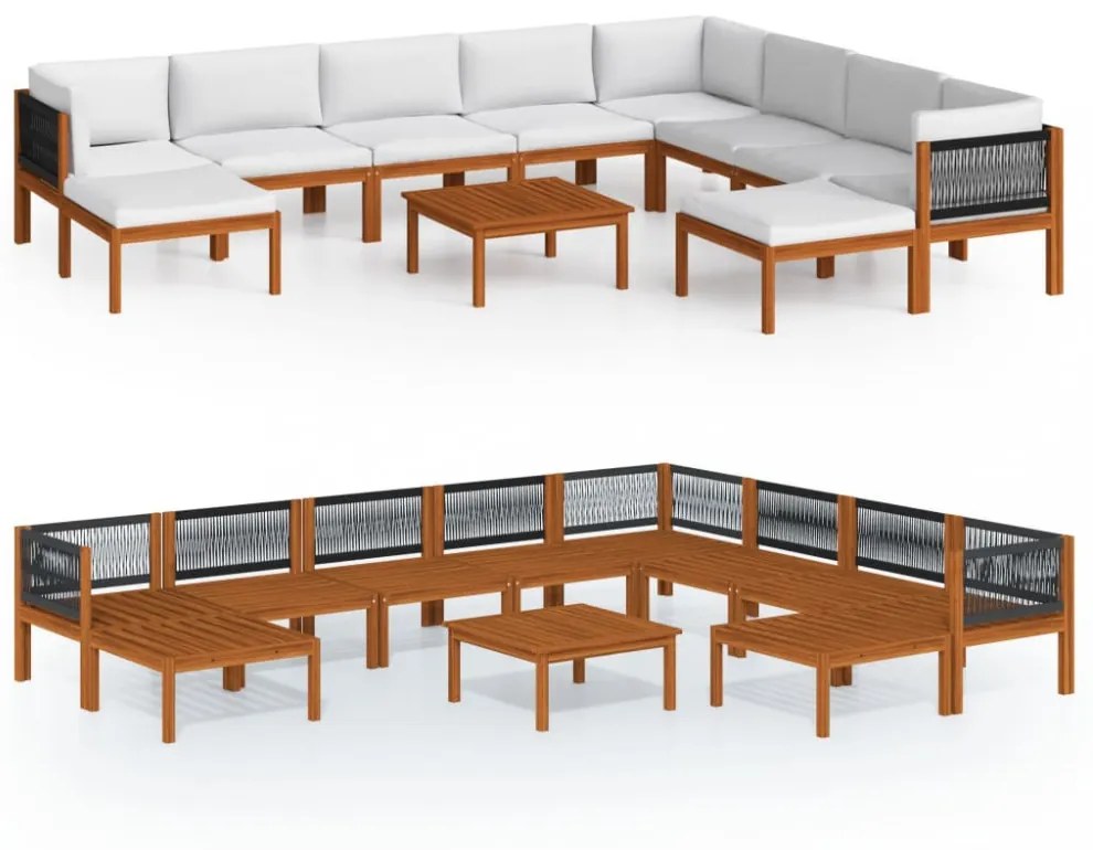 11 darabos krémszínű akácfa és kötél kerti pihenőgarnitúra párnákkal