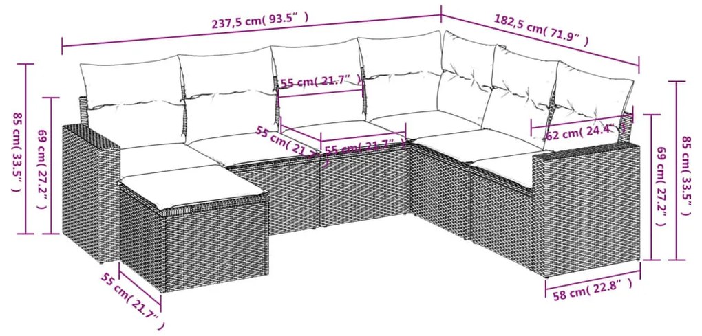 7 részes szürke polyrattan kerti ülőgarnitúra párnákkal