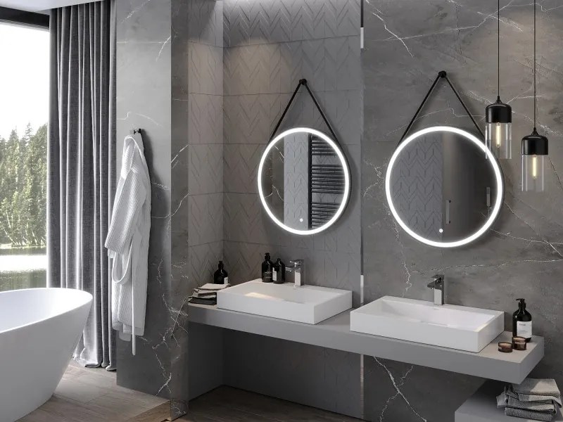 Mexen Reni, LED fürdoszobai tükör háttérvilágítással 70x70 cm, 6000K, fekete keret, páramentes, 9812-070-070-611-70