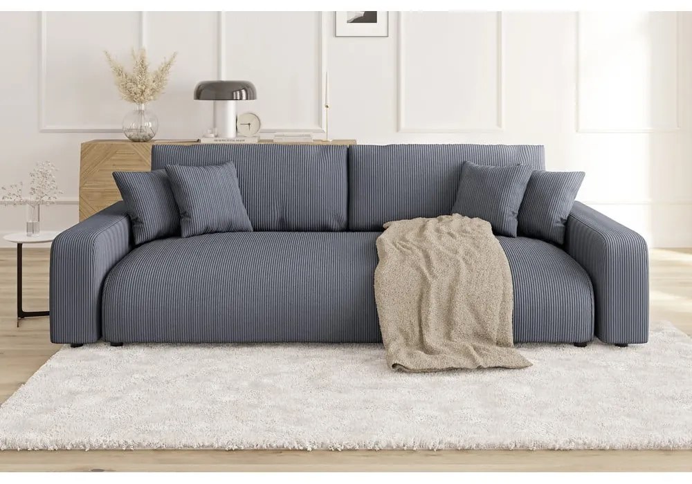 Sötétszürke kordbársony kinyitható tárolóhelyes kanapé 234 cm Sara – Ropez